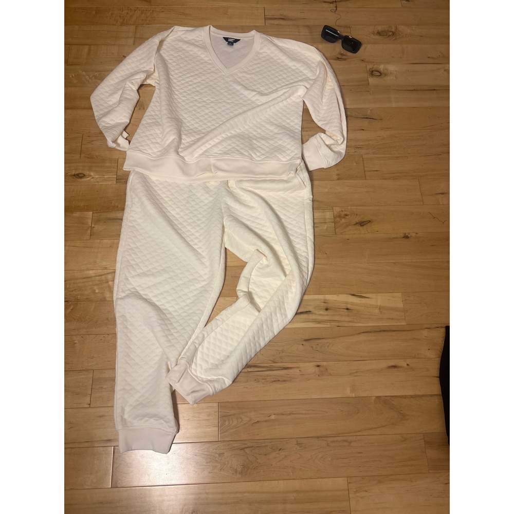 Lands End Quilted Soft V-Neck Sweatshirt and Jogger Lounge Set Ivory Cream